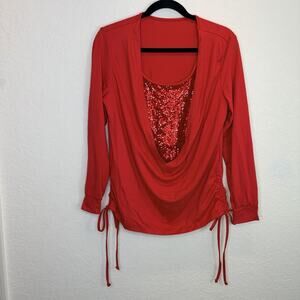 Aumora Red Sequined Blouse Long Sleeve Size M New, Party, Cocktail, Sexy, Chic